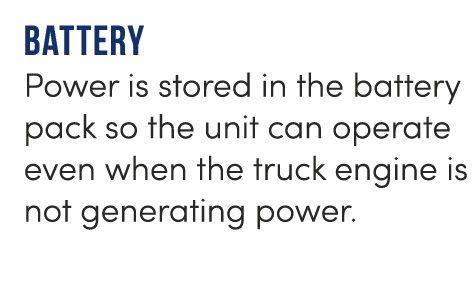 battery Power is stored in the battery pack so the unit can operate even when the truck engine is not generating power.