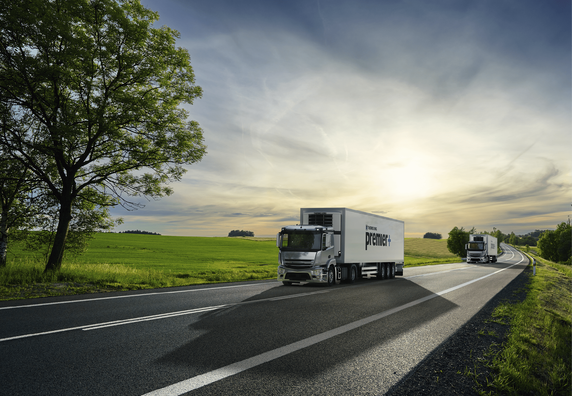 White truck driving on the asphalt road next to the green field in rural landscape at sunset