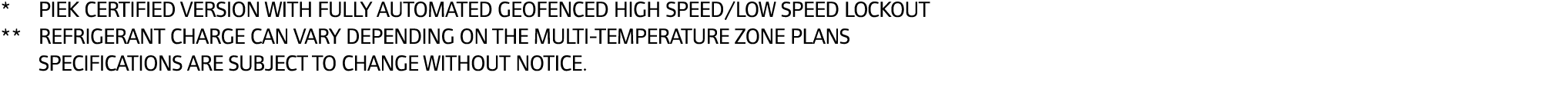 * PIEK Certified version with fully automated geofenced High Speed/Low Speed Lockout ** Refrigerant charge can vary d...