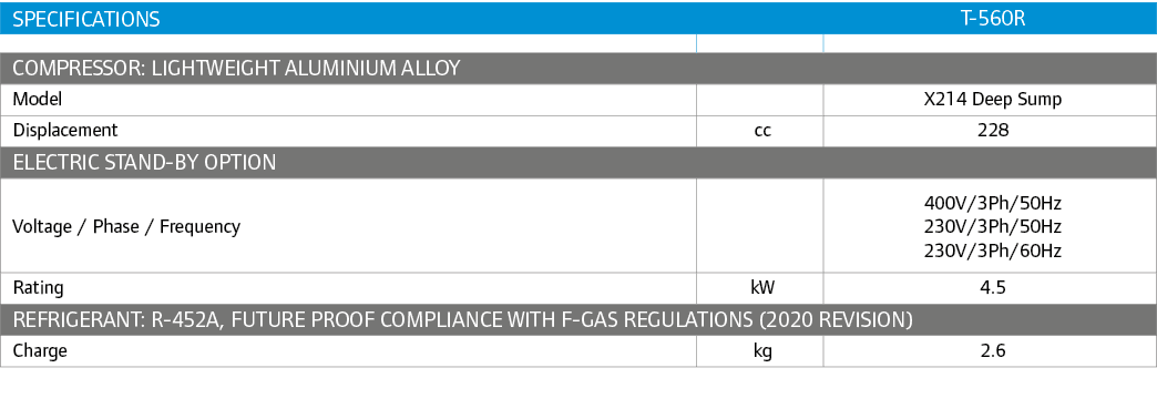 Specifications,,T-560R,,,,Compressor: Lightweight Aluminium Alloy,Model,,X214 Deep Sump,Displacement,cc,228,Electric ...