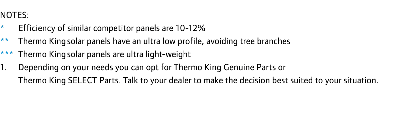 NOTES: * Efficiency of similar competitor panels are 10-12% ** Thermo King solar panels have an ultra low profile, av...