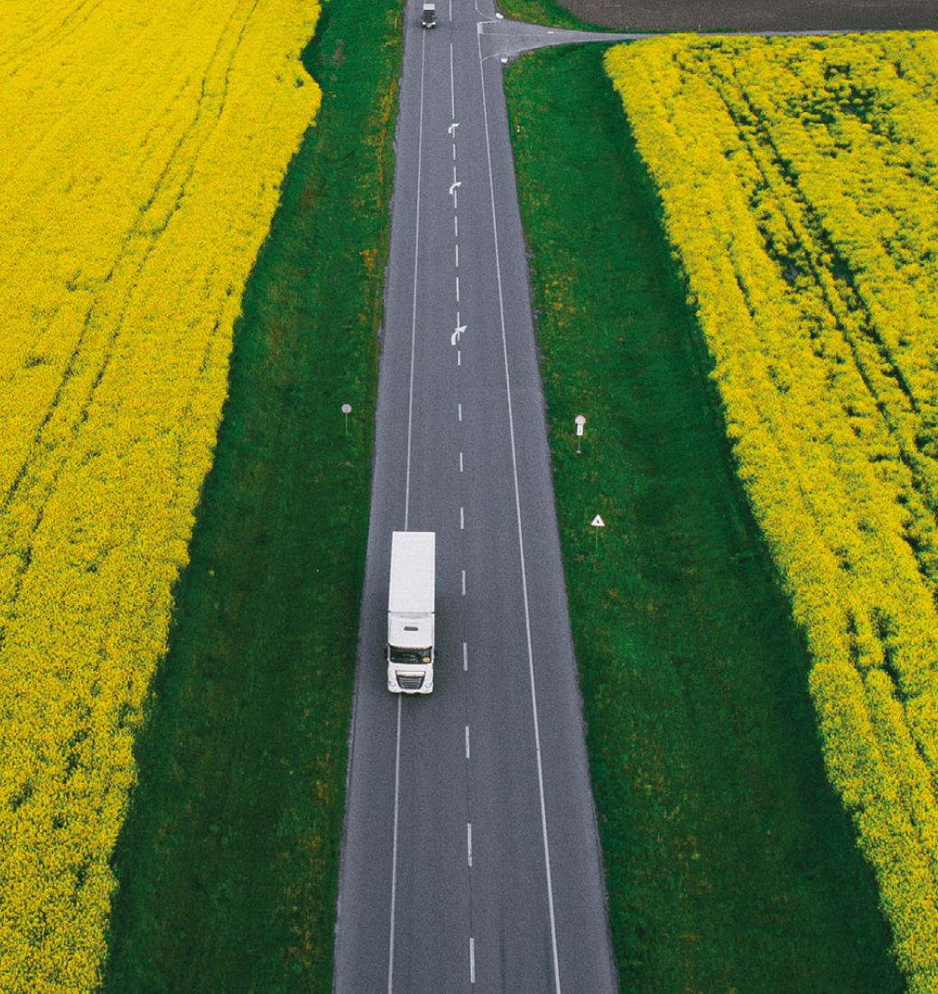 Aerial view of truck on highway in the countryside near the yellow field of rapeseed, Ukraine