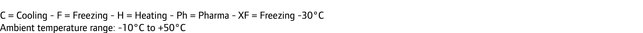 C = Cooling F = Freezing H = Heating Ph = Pharma XF = Freezing 30°C Ambient temperature range: 10°C to +50°C