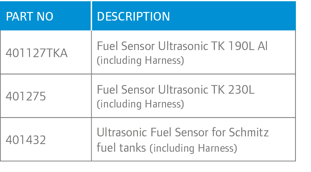 Part No,Description,401127TKA,Fuel Sensor Ultrasonic TK 190L Al (including Harness),401275,Fuel Sensor Ultrasonic TK ...