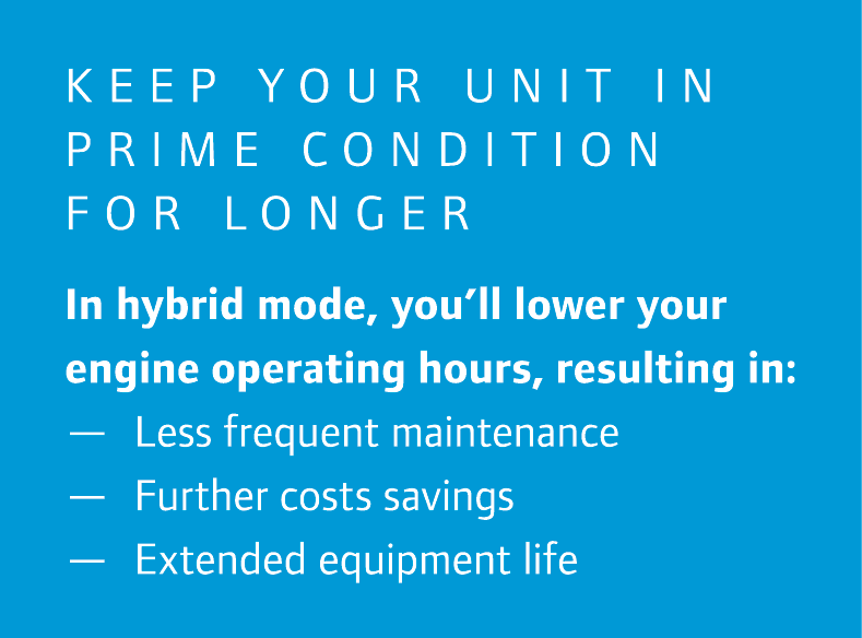 Keep your unit in prime condition for longer In hybrid mode, you’ll lower your engine operating hours, resulting in: ...