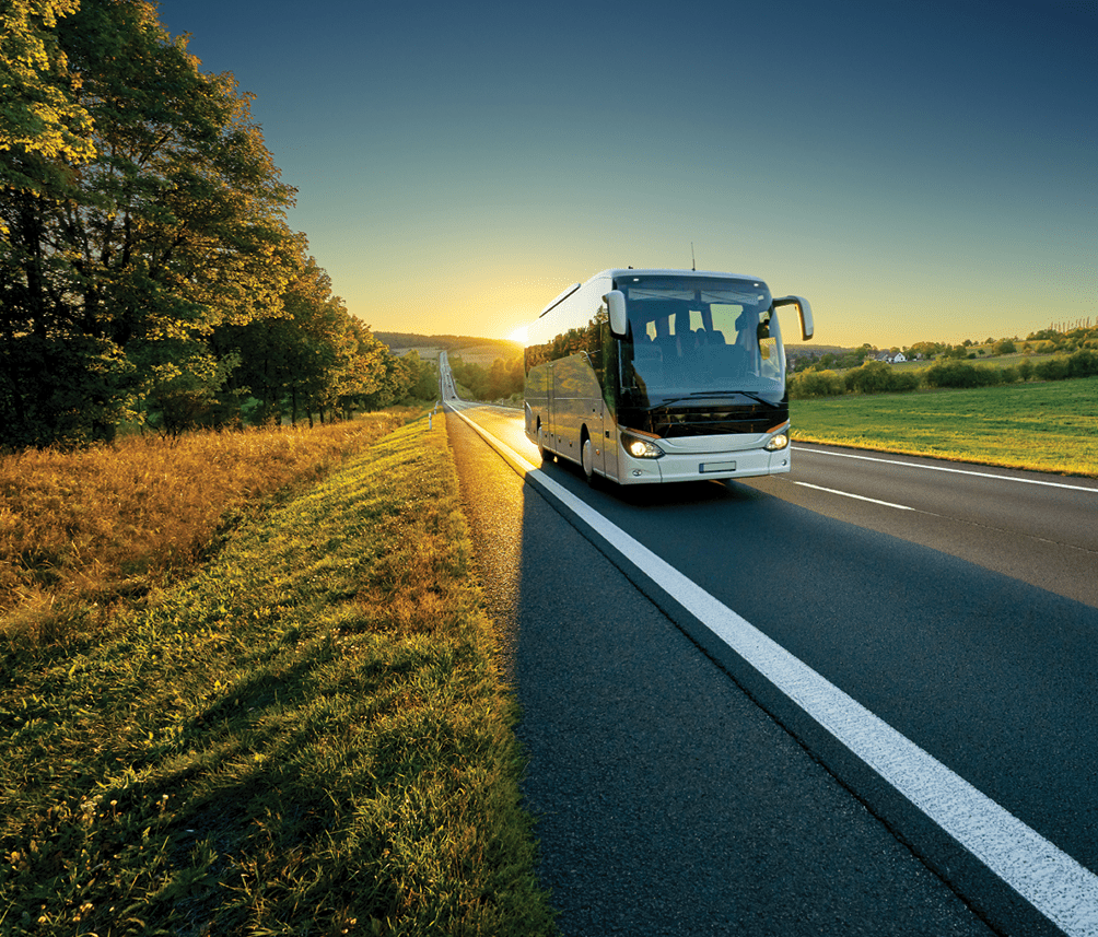 White bus traveling on the asphalt road around line of trees in rural landscape at sunset 1154164634 bus service, busing, coach service, conveyance, intercity bus, motorway, vehicular