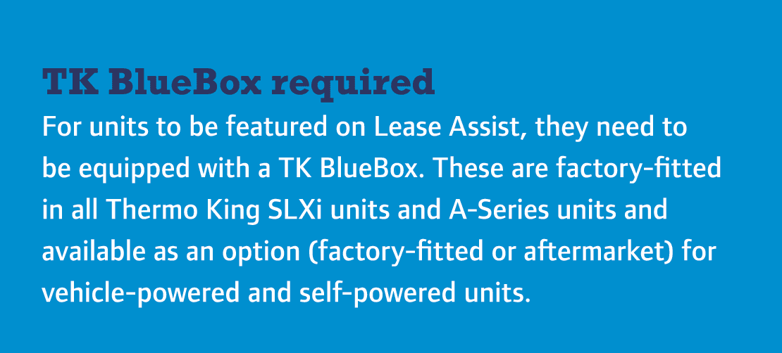TK BlueBox required For units to be featured on Lease Assist, they need to be equipped with a TK BlueBox. These are f...