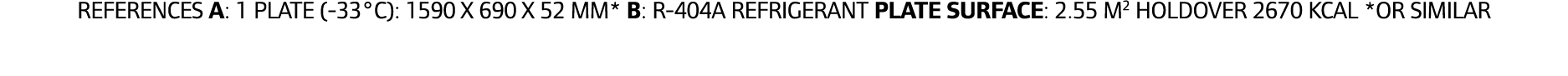 References A: 1 plate (-33°C): 1590 x 690 x 52 mm* B: R-404A refrigerant Plate Surface: 2.55 m2 holdover 2670 kcal *o...