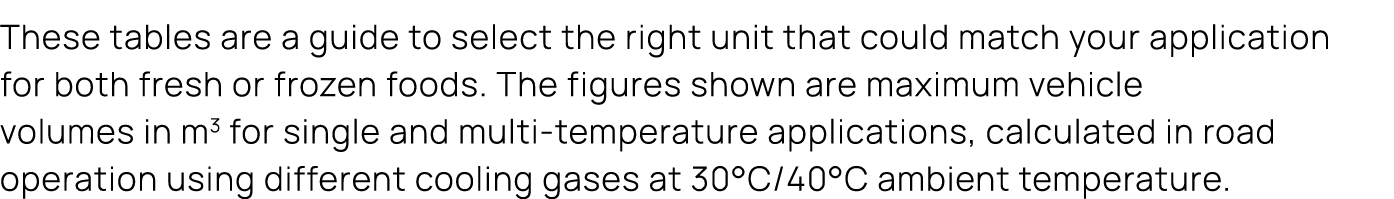 These tables are a guide to select the right unit that could match your application for both fresh or frozen foods. T...