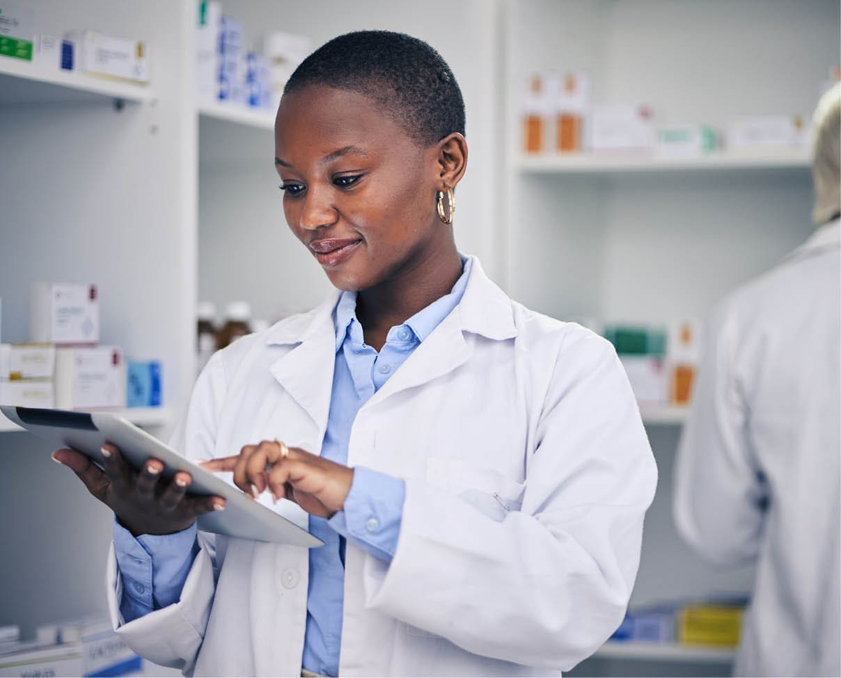 Black woman, tablet and pharmacist with checklist for stock of medicine, information and advice on .