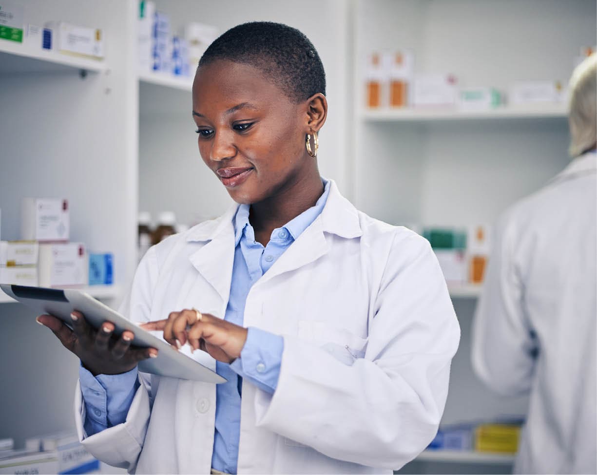 Black woman, tablet and pharmacist with checklist for stock of medicine, information and advice on .